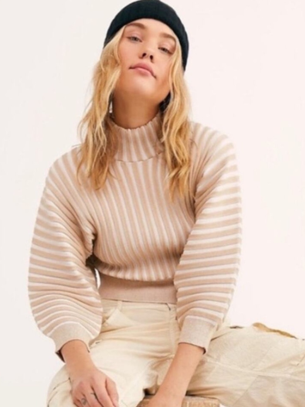 Free People tan striped balloon sleeve sweater
